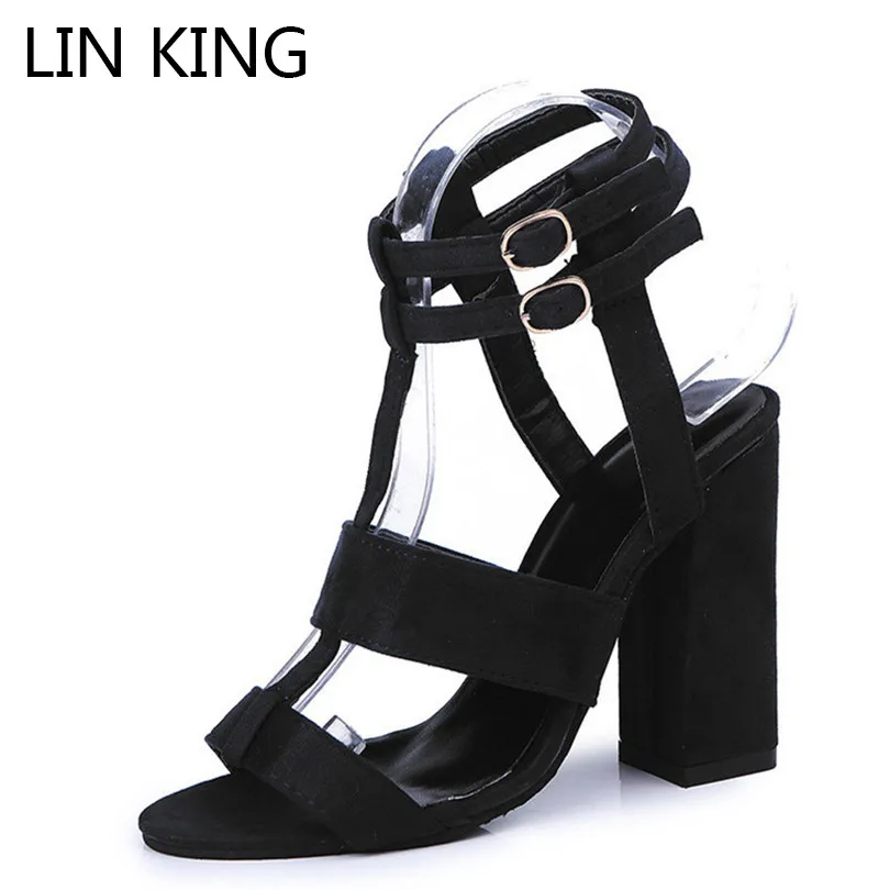 

LIN KING Big Size Retro Ankle Women Gladiator Sandals Sexy Buckle High Heel Ladies Sandalias Square Heel T-strap Summer Shoes