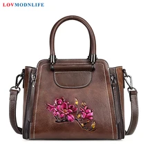 Luxury Tote Bags For Women Ladies Purses and Handbags Flowers Vintage Female Shoulder Bag Genuine Leather Woman Crossbody Bags women genuine leather purses and handbags vintage brown large shoulder bag ladies tote bag luxury designer brand top handle bags