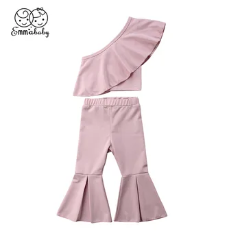 

Summer Children's Clothing 2018 New Baby Girl One-shoulder Ruffles Top Bell-bottomed Pants 2Pcs Outfit Fashion Pink Kids Clothes
