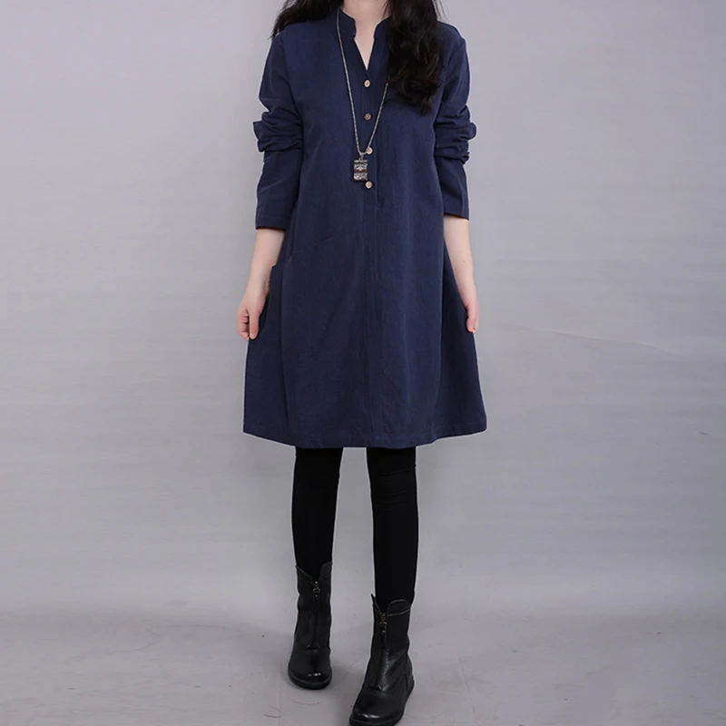 Cotton Linen Women's Long Sleeve Dress Ladies Solid Casual Loose Party Dress New