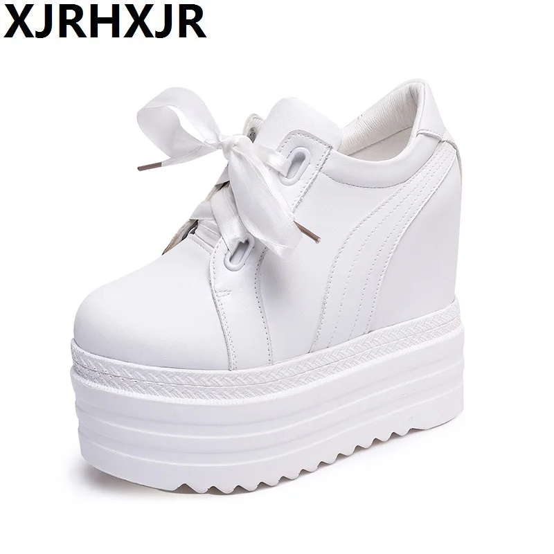 

12cm High Heels Shoes Woman Fashion Lace Up Platform Wedges High Heels Women Casual Leather Shoes for Autumn Winter