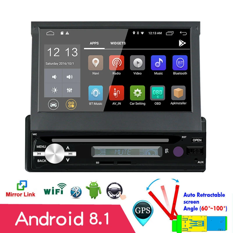 

1din Android 8.1 2G+16G Car stereo MP5 7" Quad-core GPS Bluetooth Mirror Link WiFi AM FM RDS Radio Automatic Retractable Screen
