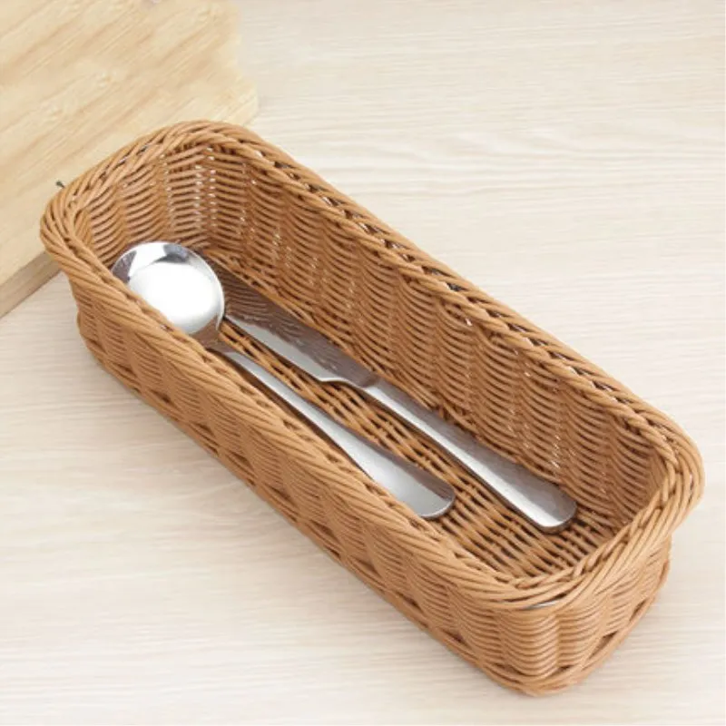 

Rattan Plastic Basket Tableware Baskets Rectangular Wicker Bamboo Storage Box for Knives Forks Chopsticks Bread Cakes Fruits