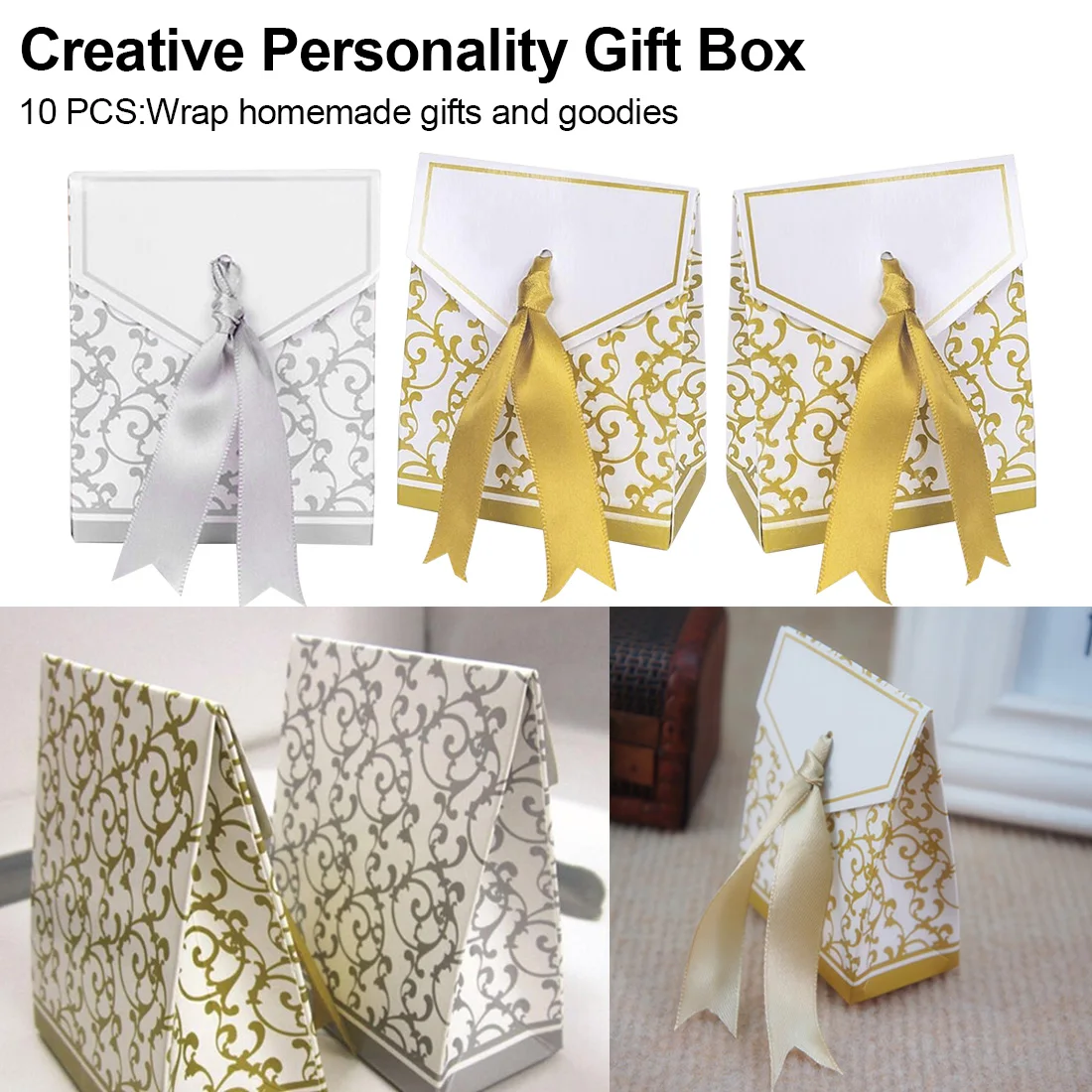 

10Pcs/lot Creative Gold Silver Paper Boxs With Gold Ribbon Wedding Favours Birthday Party Gift Candy Bags Packaging Supplies