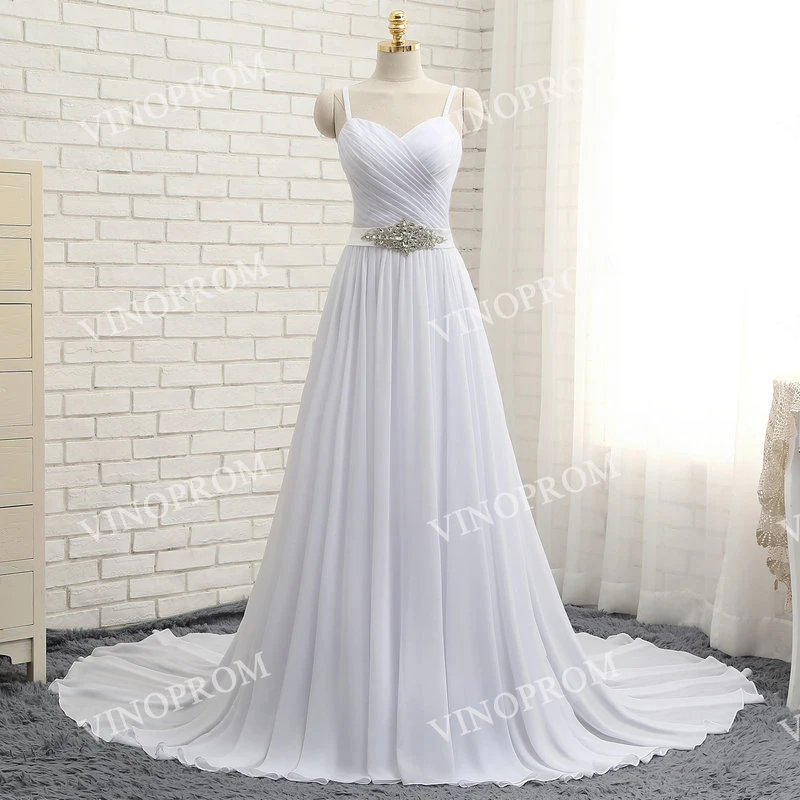 

100% Real Sample Sexy Backless Wedding Dresses Chiffon Sweep Train Spaghetti Straps Beach Bridal Gown 2020