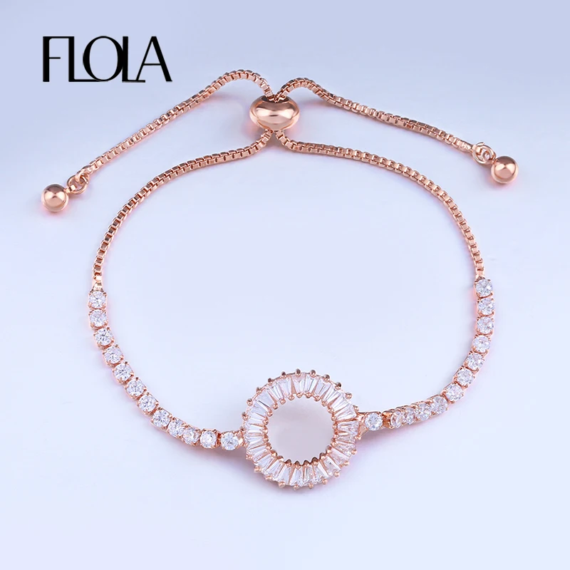 

FLOLA Rose Gold Round CZ Charm Bracelets Snake Chain Adjustable Bangle Bracelet Christmas Fashion Jewelry For Femme Brta23