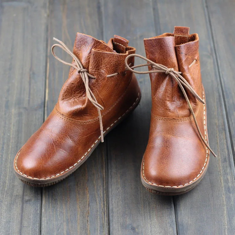 Cuero Marrón Slip Mujer Gneuine Calzado De Redonda Zapatos Punta Botas Damas Tobillo En Conducción zvXxwOq5w