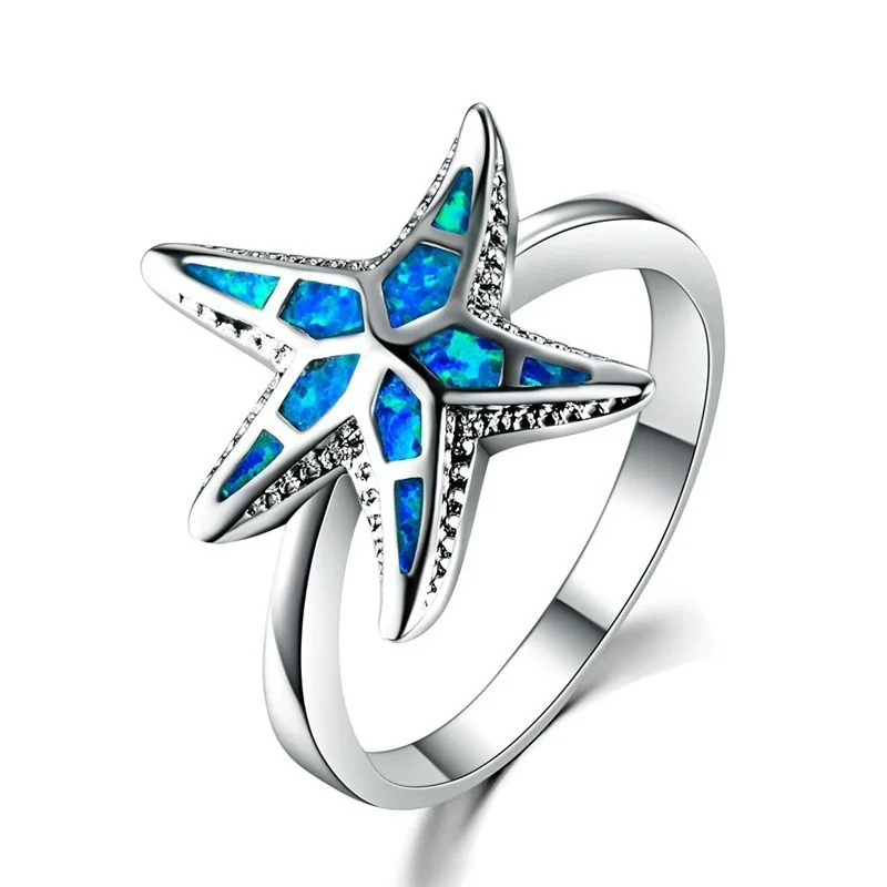 

Marcatsa Fashion Blue Fire Opal Starfish Rings for Women Hollow Glitter Star Ring Seas Anel Oceans Beach Jewelry Bijoux Femme
