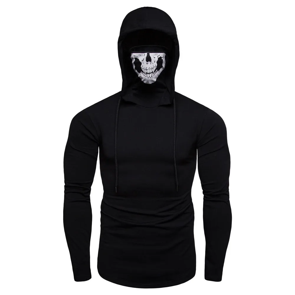 

Mens Spring Autumn Mask Skull Pure Color Pullover Long Sleeve Hooded Sweatshirt Tops Personality Tee Sweatshirt Top