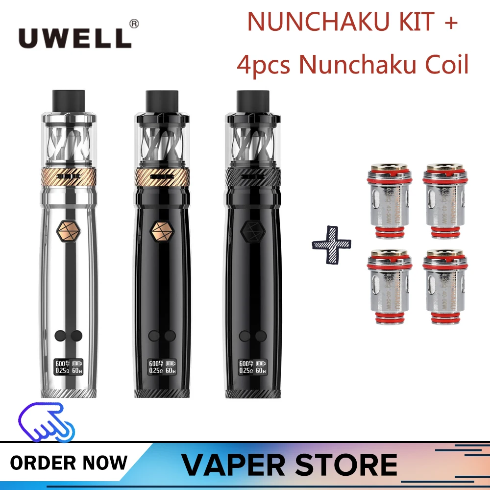 

Original Uwell Nunchaku Kit Add 4pcs Replacement Coil With 5ml Tank Atomizer E-Cigarette Large Cloud 80W low wattage Vape Tank