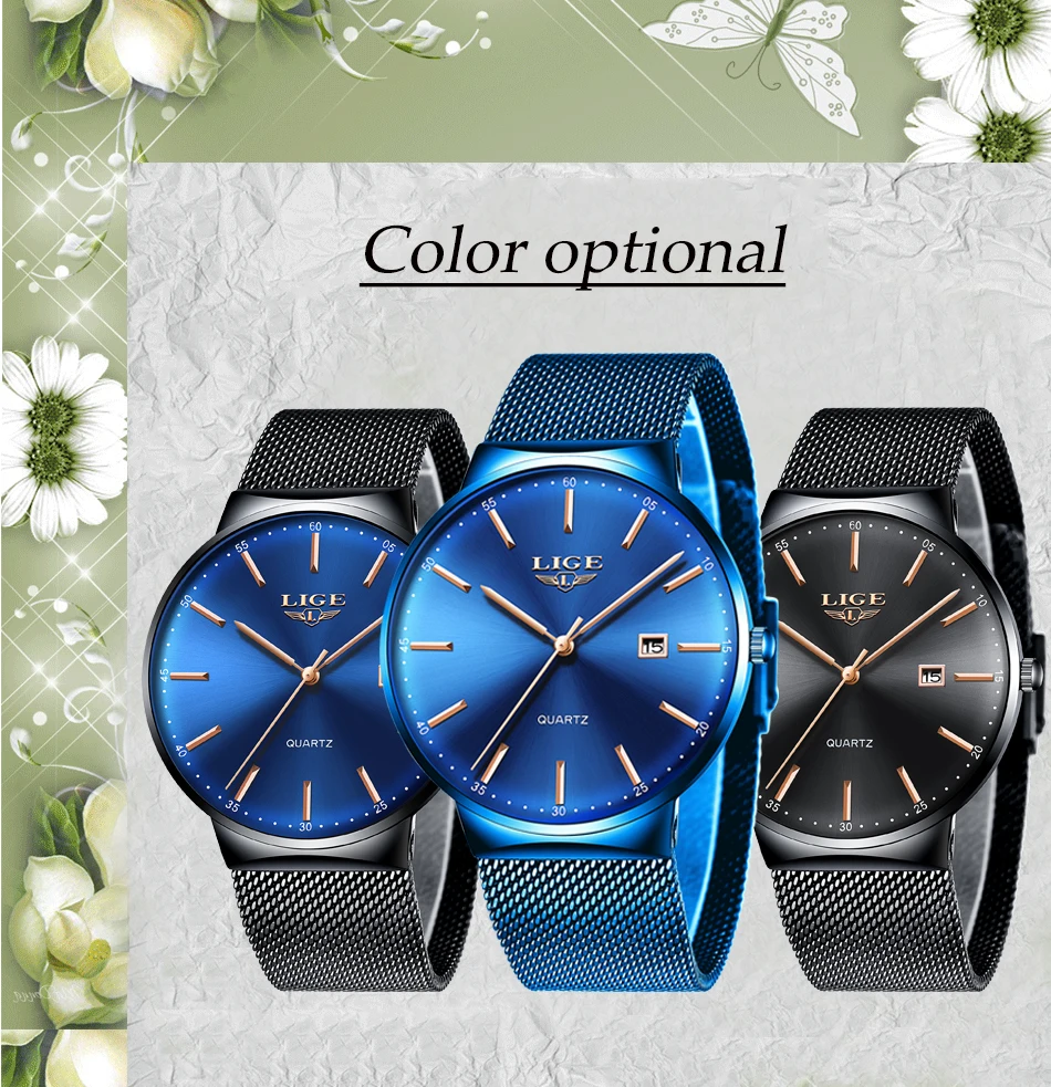 LIGE, женские часы, Лидирующий бренд, Роскошные Аналоговые кварцевые часы, женские полностью синие сетчатые часы из нержавеющей стали с датой, модные ультра-тонкие часы с циферблатом