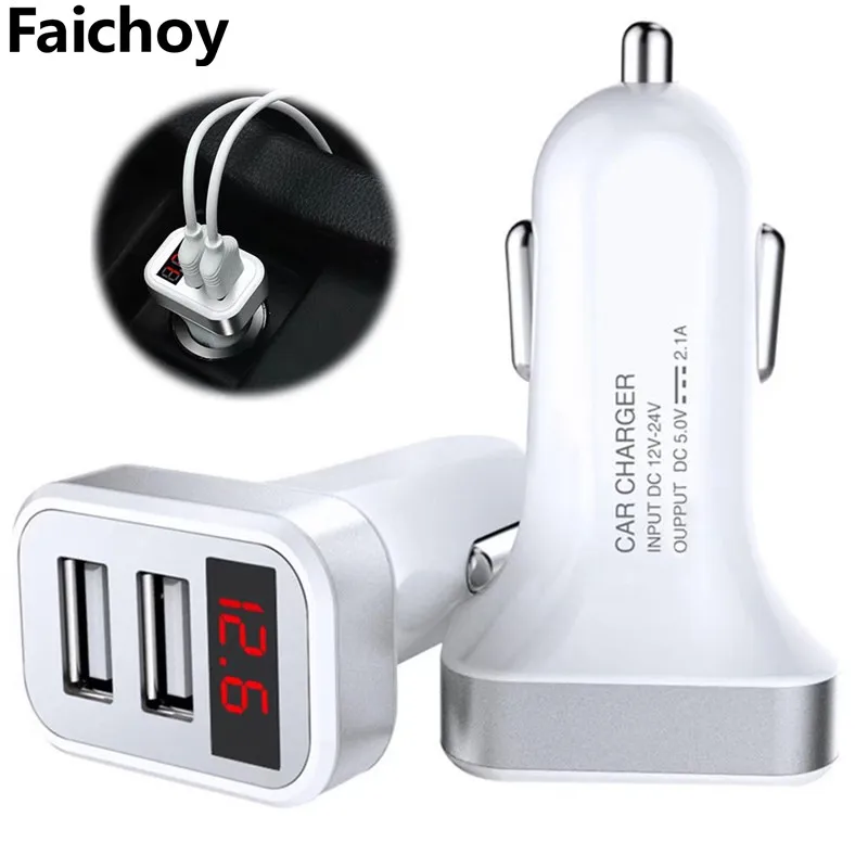 

5V 2.1A 2 Dual USB Car Charger With LED Display Car Adapter Voltage Current Low Voltage Warning for iphone 6 7 8 Cellphone Tabl