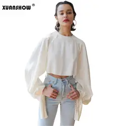 XUANSHOW женский укороченный топ длинные Фонари рукавом Винтаж Для женщин футболки Белый сатин шелк Harajuku твердых Девушки Футболка Camisa Feminina