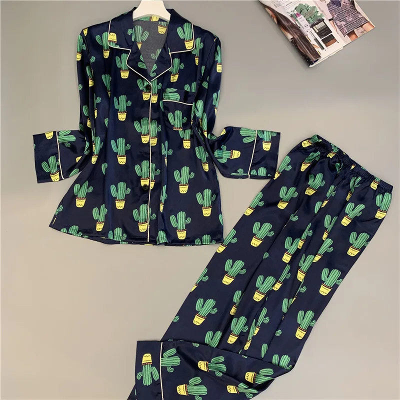 Koop 2019 Satin Pyjama Vrouwen Pyjama Sets Met Broek 2019 Bloem Print Lange Mouwen Zijden Nachtkleding Pijama Mujer Vrouwelijke Nightsuit