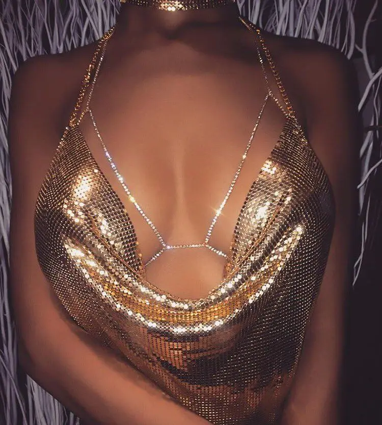 Элегантный металлический укороченный топ, летняя сексуальная клубная одежда, открытая спина, Пляжная Холтер, золотые блестки, вечерние женские майки