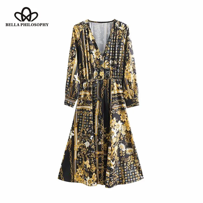 Wonder 2018 new Vintage Elegant Floral Print Midi Dress V Neck Long Sleeve Elastic Waist Ladies Dresses Casual Vestido Mujer
