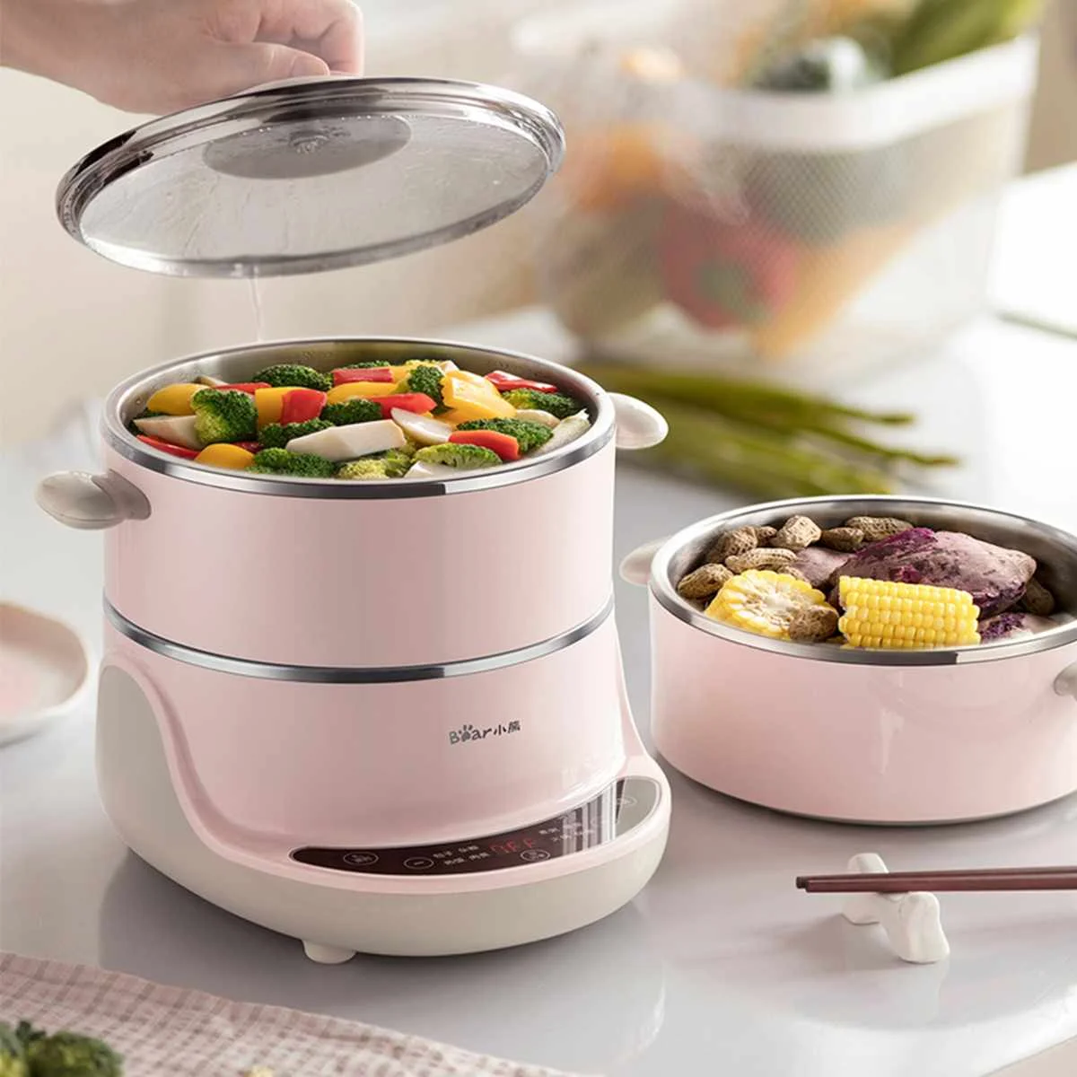 

4L 3 Layers Electric Food Steamer Hot Pot Stainless Steel Soup Porridge Pot Vegetable Meat Heating Cooker Kitchen Tools 220V