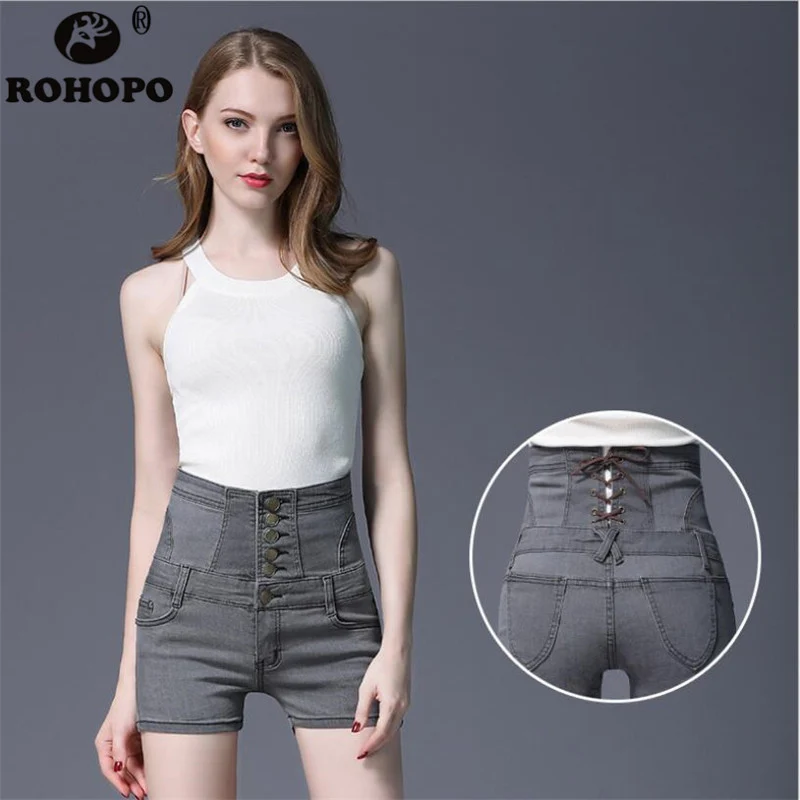 

Gray High Waist Denim Shorts Slim Female Plus Big Size Short Jeans Thin Waist Buttons Fly 4XL 5XL Denim Office Laddies Shorts