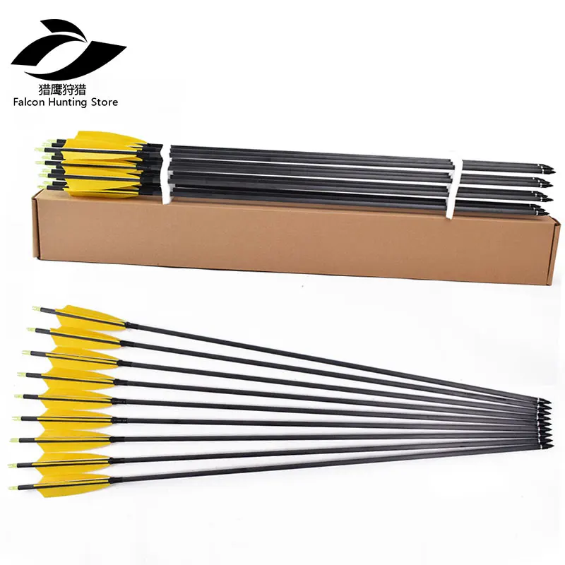 

High Quality 100% Hunting 12pcs Pure Carbon Arrow Shaft Spine 300 Arrows 5inch yellow Turkey feather for Longbow Recurve Bow Arc
