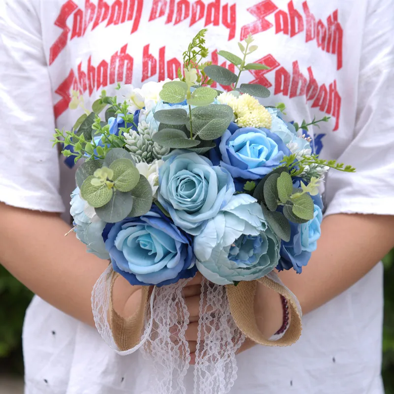 Шелковые лепестки для свадеб букет красный, розовый, фиолетовый, синий Свадебные букеты 2019 Новая мода цветок невесты с кружевной лентой