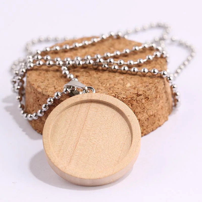 

shukaki 5pcs/lot Blank wood Pendant cabochon settings dia 25mm round necklace trays with 60cm long stainless steel ball chain