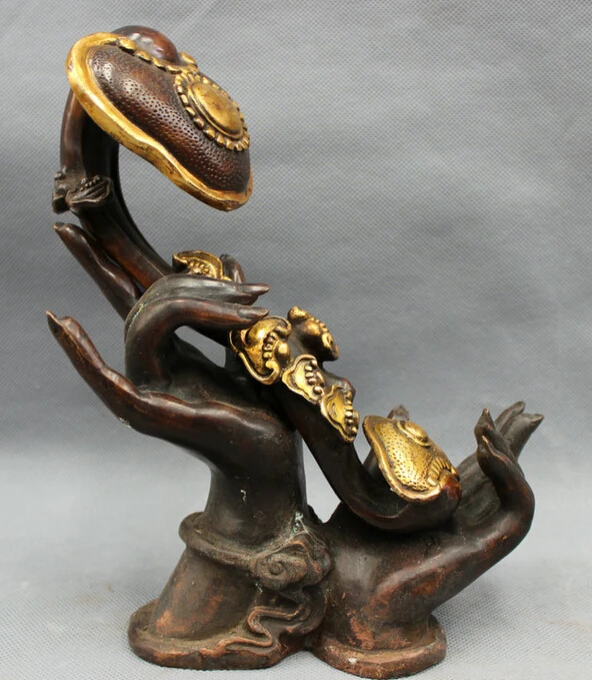 

S3907 9" Famous Chinese Bronze Folk Buddhism Lotus Kwan-Yin Buddha Hand Statue RuYi D0317