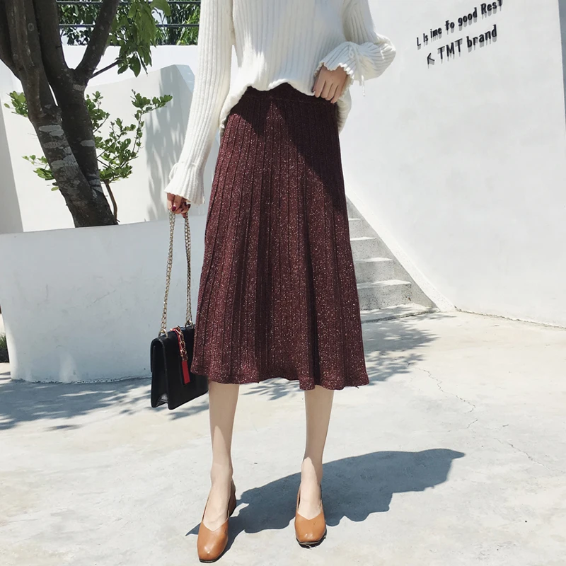 Высокая Талия вязаная юбка плиссе Для женщин эластичные свободные Striped Midi Skirt Уличная Повседневная Женская обувь юбки осень 2018