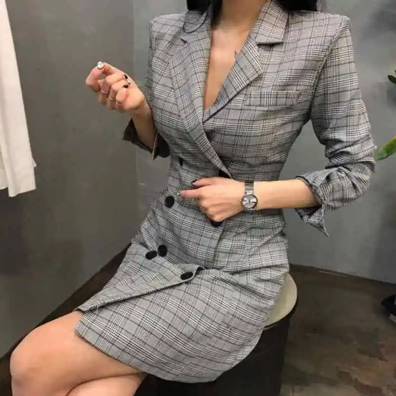 2019 New Euro Fashion Women Plaid Party Dress Elegant Suit Casual Long Sleeve Work OL Ladies Party Slim Fit Dress Suits
