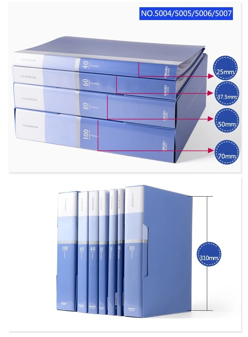 A4 Clear Book Display Book 7 Sizes 10 20 30 40 60 80 100 Pockets Transparent Pockets Blue Cover For Office Files Deli 5001