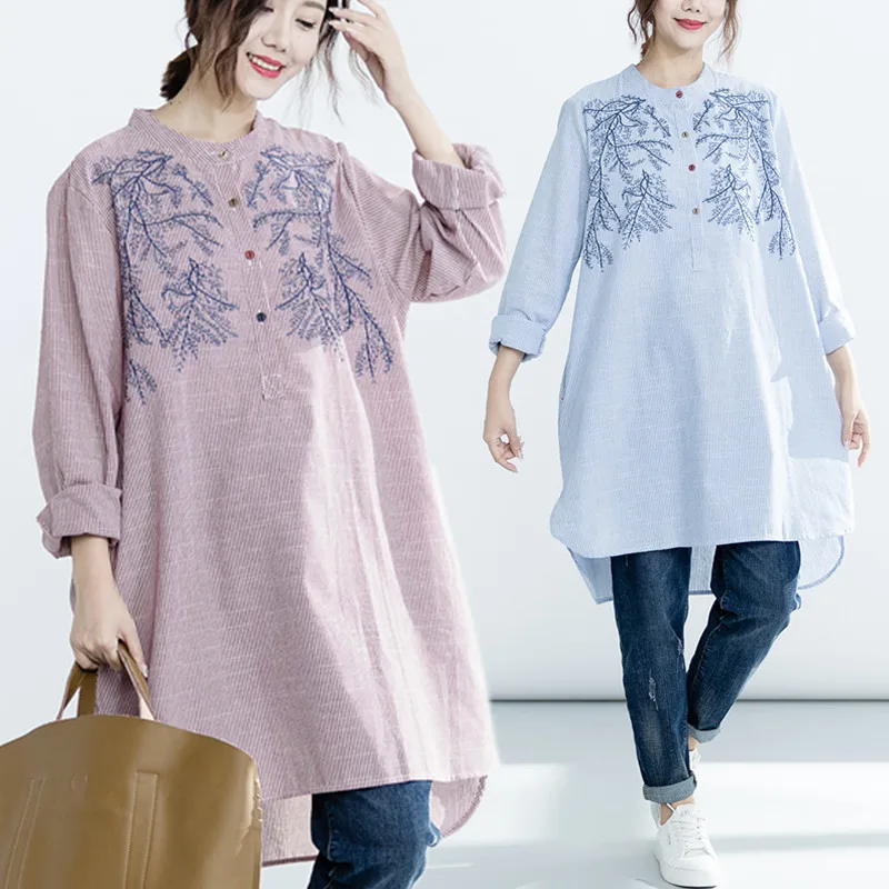 

Plus Size 2018 Spring Autumn Women Fashion Elegant Embrodiery Stripe Tops Lady Female Large Big Long Sleeve Blouse Shirt Blusas