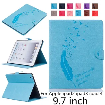 

For Ipad 2 3 4 Cases PU Leather Flip Stand Magnetic Wallet Card Slots Feather Case For iPad2 iPad3 iPad4 Shockproof Cover + film