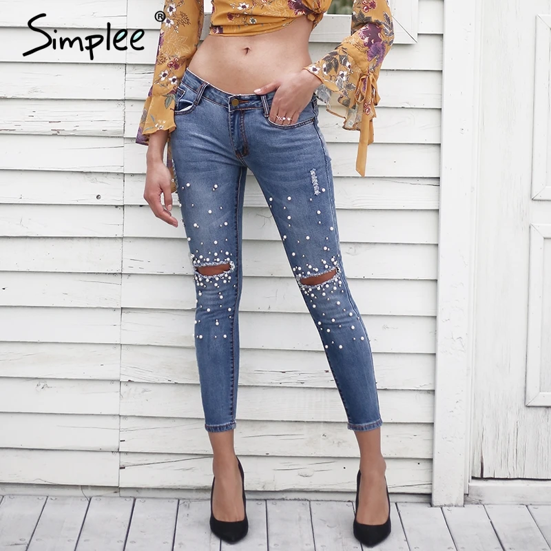 Simplee Streetwear pearl hole jeans female Casual pocket skinny pencil jean pants Destroyed ripped denim jean women trousers Simplee Streetwear pearl hole jeans female Casual pocket skinny pencil jean pants Destroyed ripped denim jean women trousers