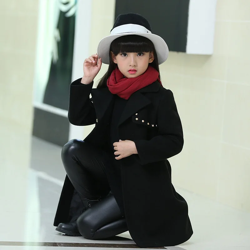 Г. Осенне-зимняя верхняя одежда для маленьких девочек толстые теплые шерстяные пальто для больших девочек одежда для детей Детские Длинные Куртки Тренч для подростков G266 - Цвет: Черный