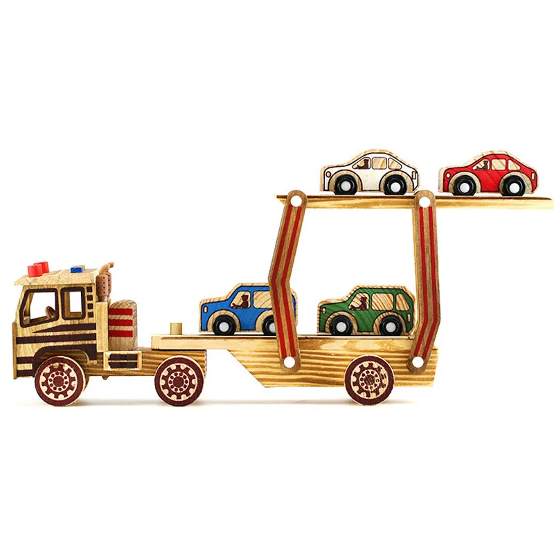  Wooden Double Deck Flat-bed Truck Model Toys Kids Children Boys Foldable Car Transport Vehicle Toy Decoration Brithday Gifts 