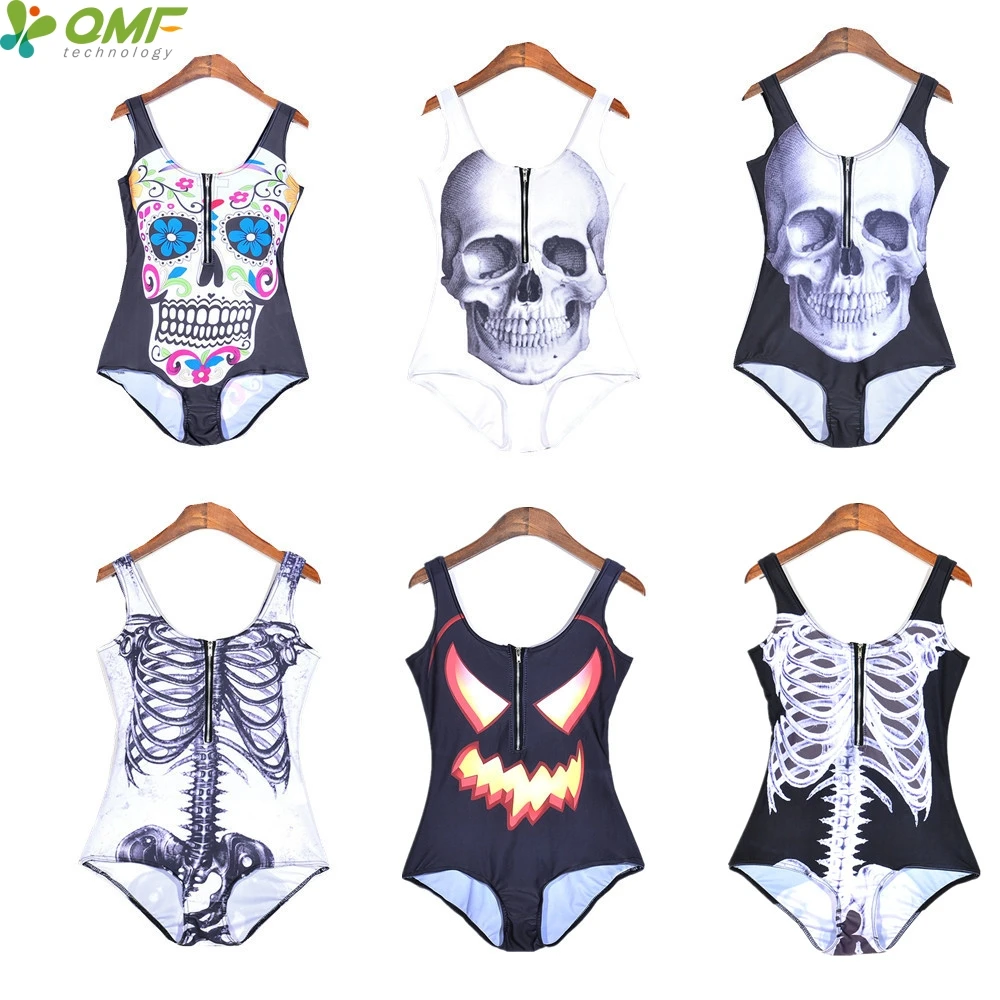 Skeleton Ribs One Piece Swimsuits Halloween Jack O Lantern Monokini