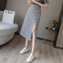 Винтажная Женская клетчатая юбка миди, шикарные пуговицы, с разрезом, высокая талия, повседневные юбки, элегантная женская прямая юбка для офиса