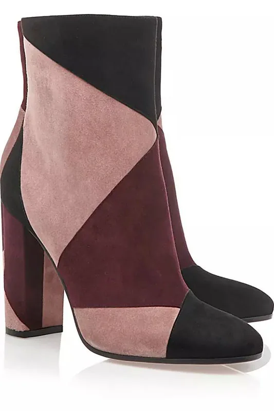 

Autumn Winter Women Ankle Boots Mixed Colors Square Heels Short Boots Side Zipper Pointed Toe High Heels Botines Zapatos Mujer