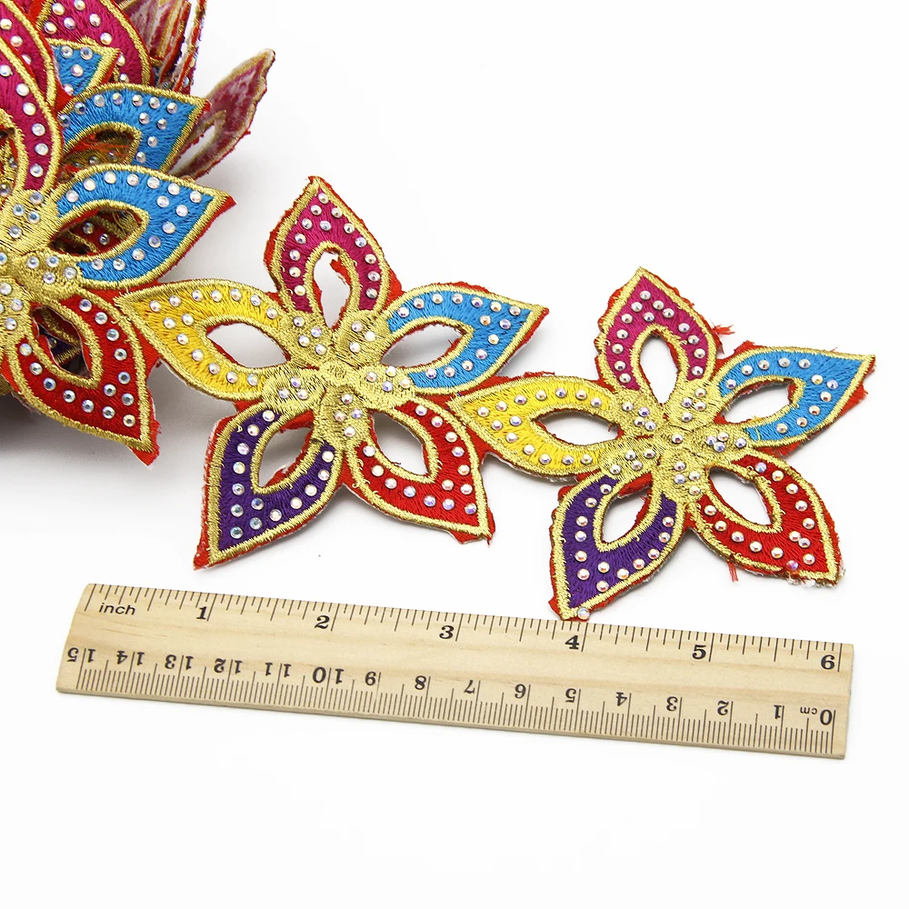 5Yard Starfish Flower Lace Embroidery Patch With Rhinestone,Back Glue and For Decor Cloth Book Cover Crafts,5Yc3983