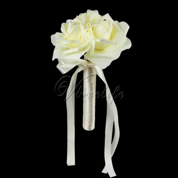 

5PCS Pretty Bridal Wedding Bouquet with 3 Artificial Rose Flowers Rhinestone Satin Ribbons Bow Wedding Party Decorations