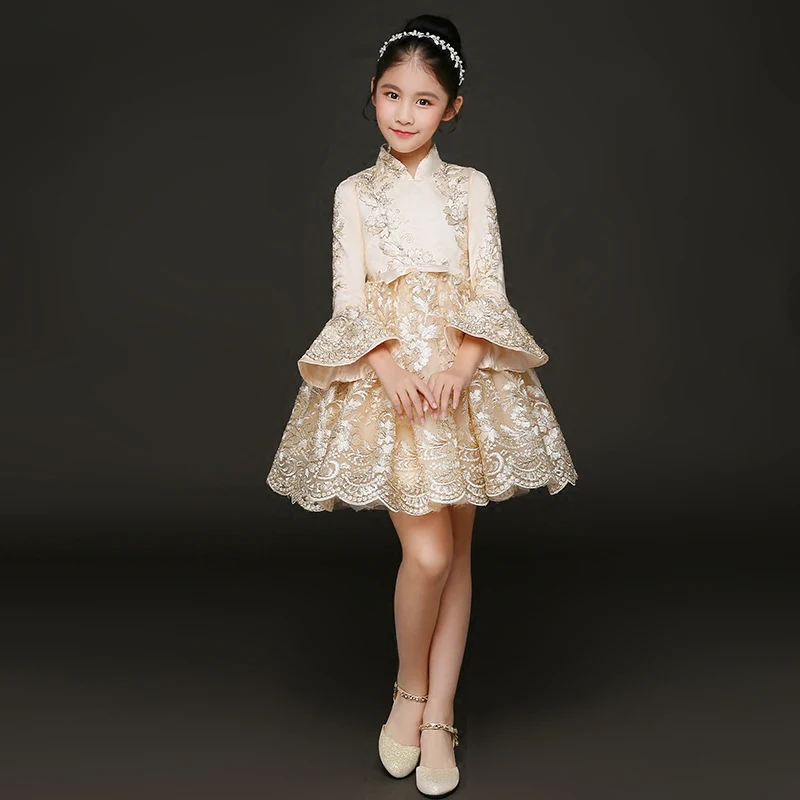 Короткое платье с расклешенными рукавами для девочек; сезон осень; коллекция года; золотые вечерние платья; кружевное бальное платье принцессы для девочек; одежда для дня рождения; JF462
