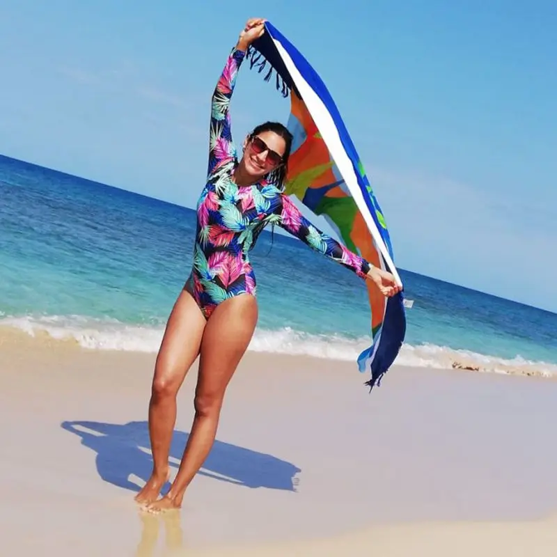 Tengweng 2019 Sexy Backless Print One piece Women Swimsuit Surfing Plus size Thong Swimwear Push up Padded Long Sleeves Swimsuit