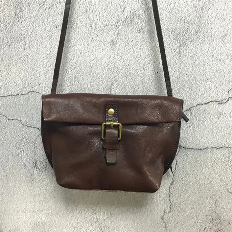 

Vintage Designer 100% Genuine Vegetable Tanned Leather Girls School Bag Women's Small Flap Bag Cow Leather Message Messenger Bag