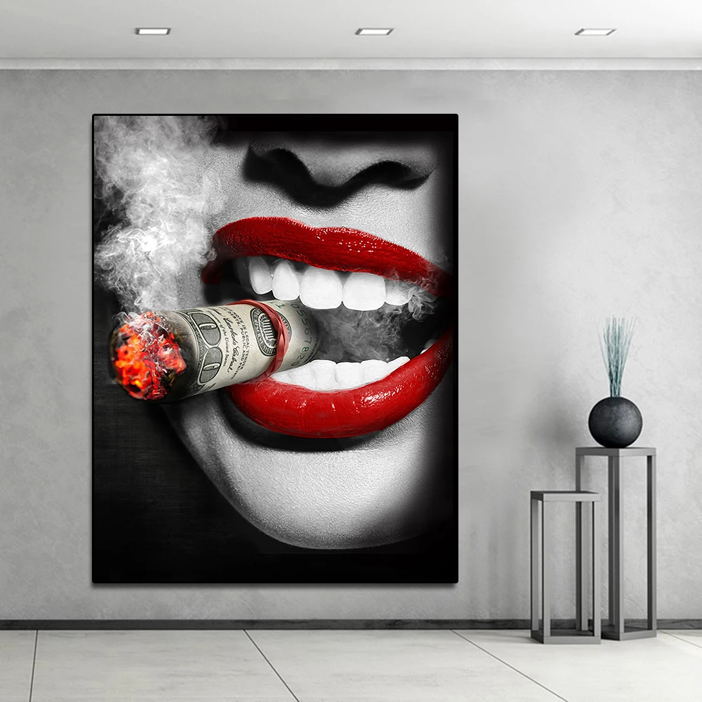

Figure Large Sexy Lips Woman with Cigarette Art Painting Posters Wall Art Picture for Living Room Deraction for Home No Frame