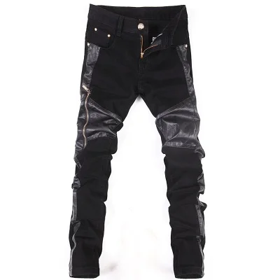 BATMO известный бренд хлопок и ПУ лоскутные брюки мужские, повседневные мужские брюки, черные брюки мужские, обтягивающие джинсы - Цвет: Черный