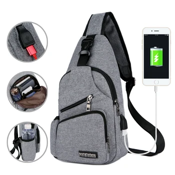 

10 Colors Chest Bag Men Women With Side Bottle Pocket Canvas Sling Bag Shoulder USB Charge Interface Satchel Large Crossbody Bag
