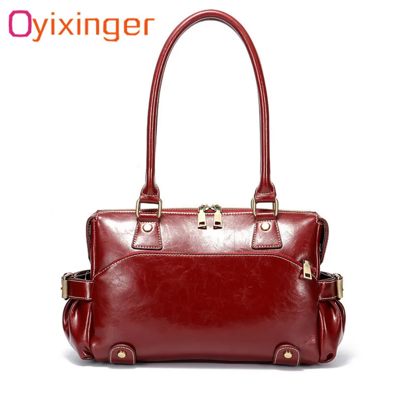 

Oyixinger Ladies Genuine Leather Bags Female Elegant Tote Vintage High Quality Oil Wax Leather Handbag Women Fashion Long Handle