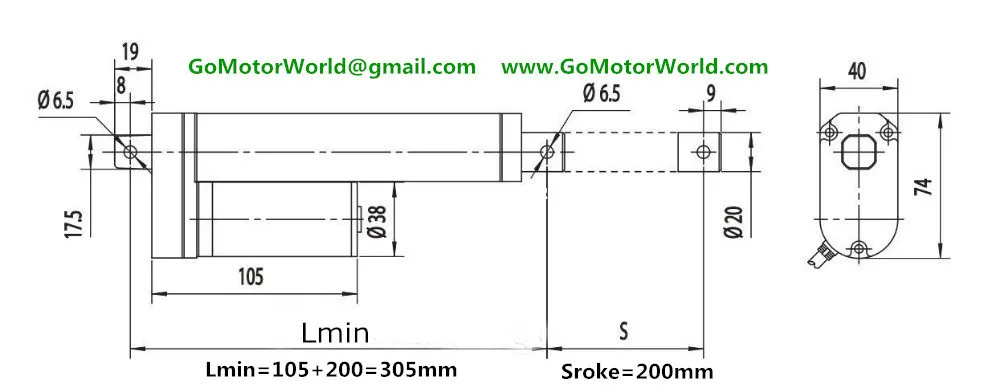 12V DC 200mm stroke electric linear actuator photo drawing