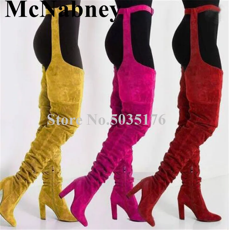 

2019 European New Fashion Solid Flock Pointed Toe High Hoof Heel Over-the-Knee Boots Zip Cover Heel Spring/Autumn Women Shoes