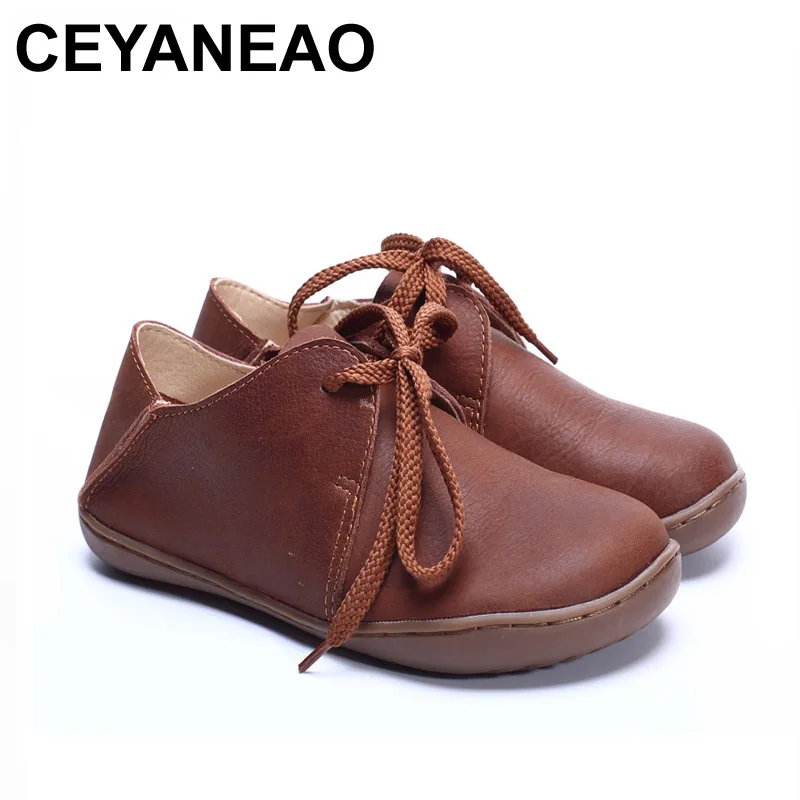 

CEYANEAO 2018Women Shoes 100% Authentic Leather Round toe Lace up Ladies Flat Shoes Slip-resistance rubber sole Female Shoe