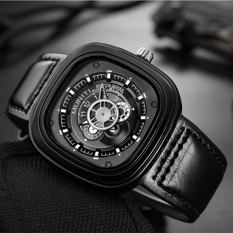 

Leather Watch Men Square Watch Quartz Movement 30M waterproof Skeleton Watch dial Several Color Fashion Watch for boy or men